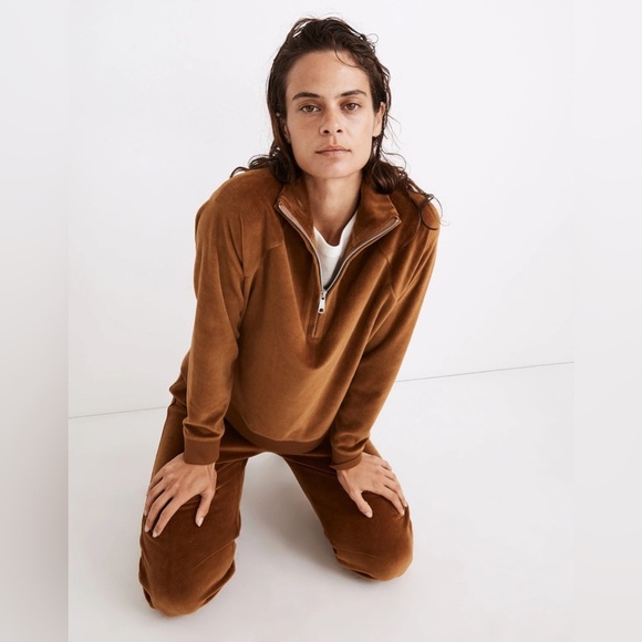 Madewell MWL Velour Half-Zip Sweatshirt Long Sleeves Relaxed Cedar Brown Size M - Picture 10 of 11